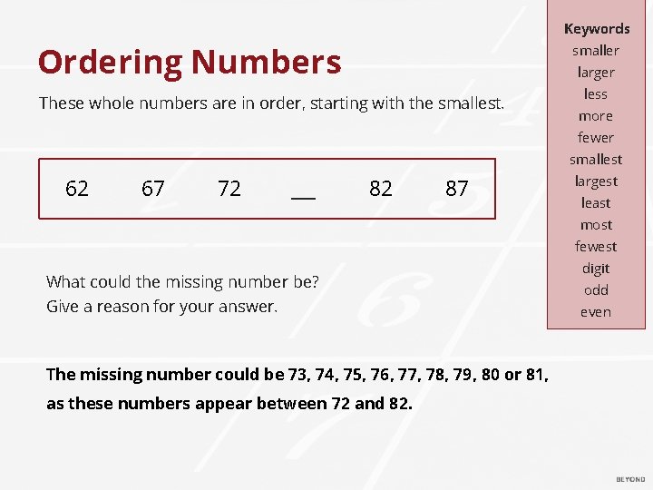 Keywords Ordering Numbers smaller larger These whole numbers are in order, starting with the