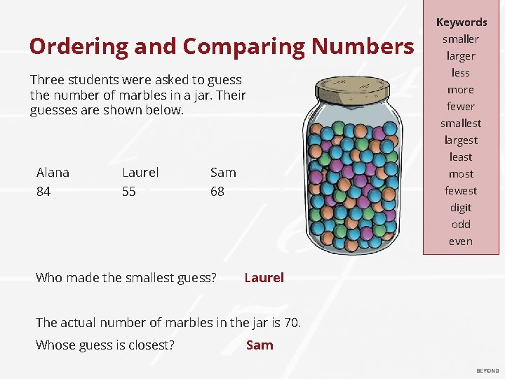 Keywords Ordering and Comparing Numbers Three students were asked to guess the number of