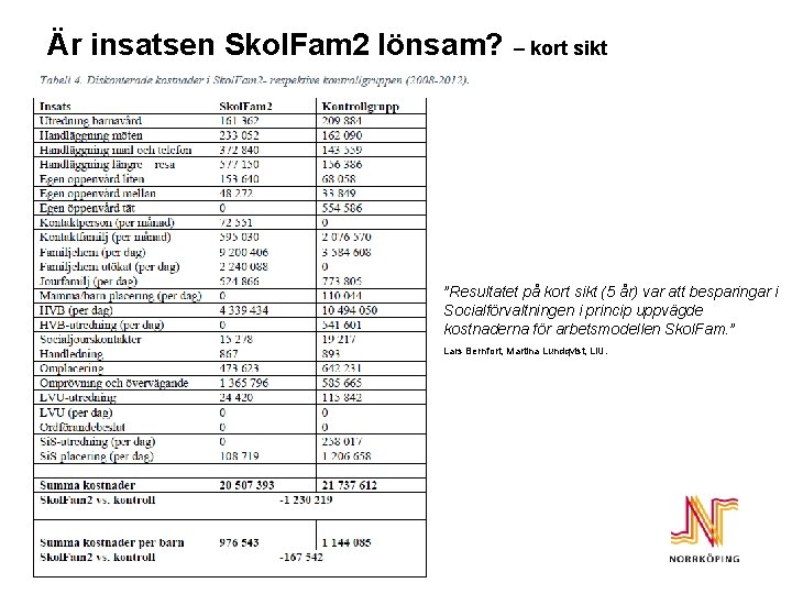 Är insatsen Skol. Fam 2 lönsam? – kort sikt ”Resultatet på kort sikt (5