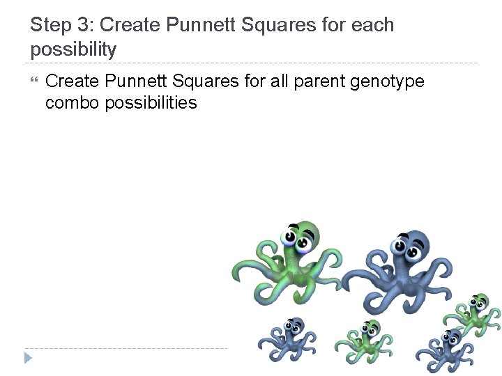 Step 3: Create Punnett Squares for each possibility Create Punnett Squares for all parent