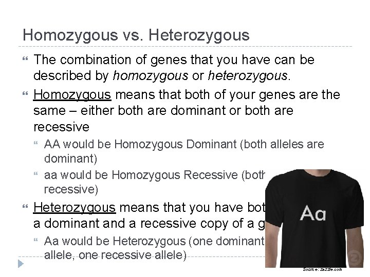 Homozygous vs. Heterozygous The combination of genes that you have can be described by