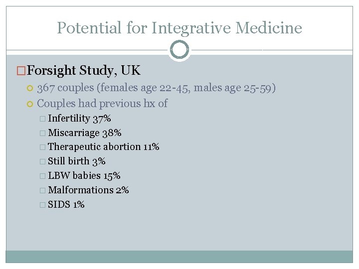 Potential for Integrative Medicine �Forsight Study, UK 367 couples (females age 22 -45, males
