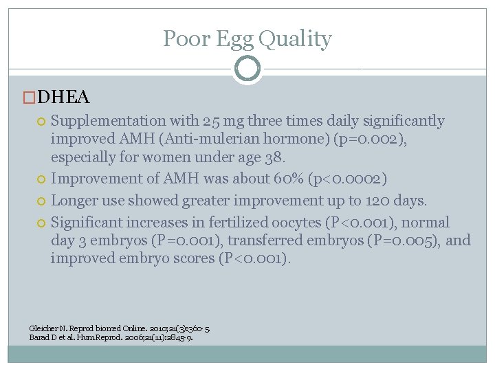 Poor Egg Quality �DHEA Supplementation with 25 mg three times daily significantly improved AMH