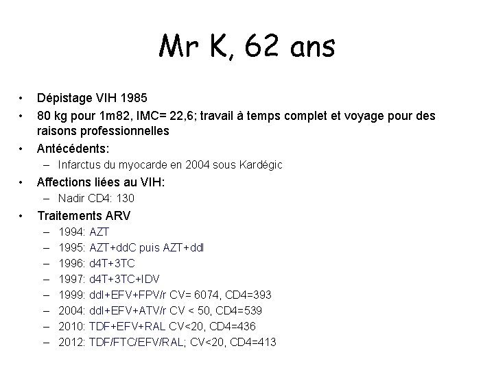 Mr K, 62 ans • • • Dépistage VIH 1985 80 kg pour 1