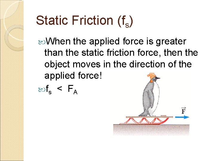 Static Friction (fs) When the applied force is greater than the static friction force,