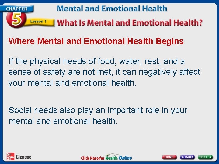 Where Mental and Emotional Health Begins If the physical needs of food, water, rest,