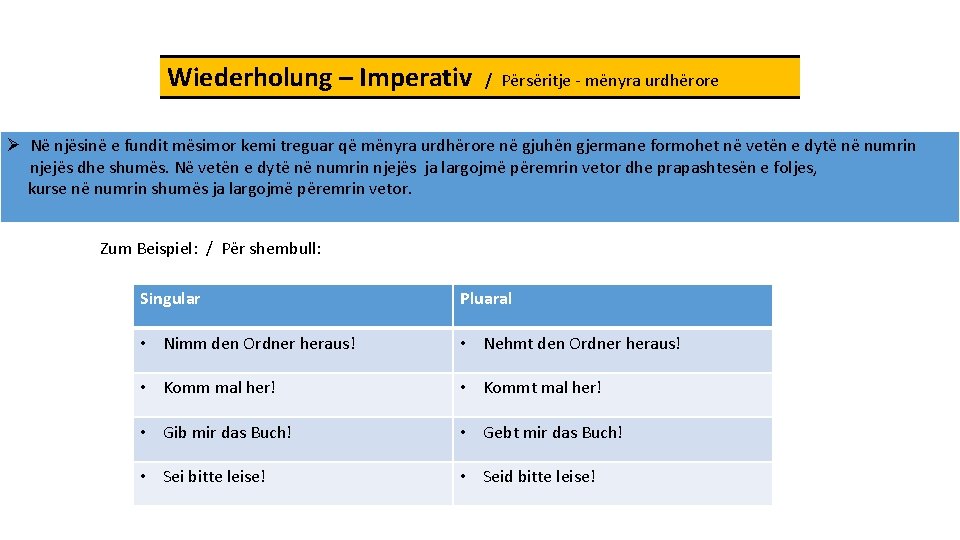 Wiederholung – Imperativ / Përsëritje - mënyra urdhërore Ø Në njësinë e fundit mësimor