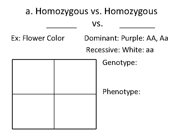 a. Homozygous vs. Homozygous ______ vs. _______ Ex: Flower Color Dominant: Purple: AA, Aa