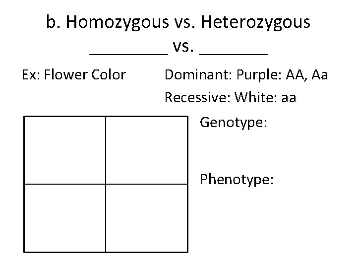 b. Homozygous vs. Heterozygous ____ vs. _______ Ex: Flower Color Dominant: Purple: AA, Aa