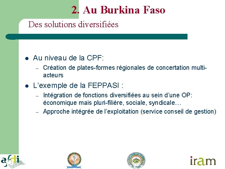 2. Au Burkina Faso Des solutions diversifiées l Au niveau de la CPF: –