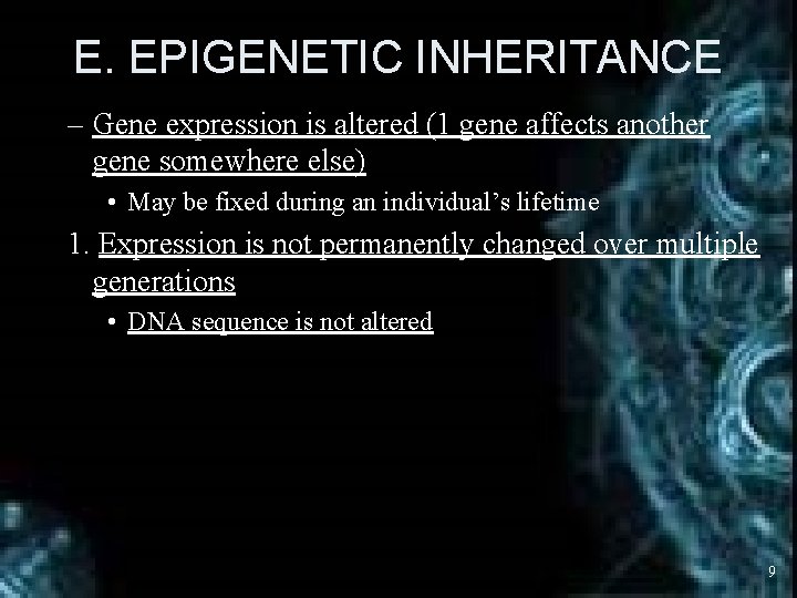 E. EPIGENETIC INHERITANCE – Gene expression is altered (1 gene affects another gene somewhere