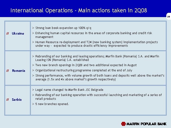 International Operations - Main actions taken in 2 Q 08 39 Ø Strong loan International Operations - Main actions taken in 2 Q 08 39 Ø Strong loan