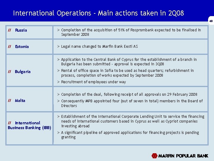 International Operations - Main actions taken in 2 Q 08 40 // Russia Ø International Operations - Main actions taken in 2 Q 08 40 // Russia Ø
