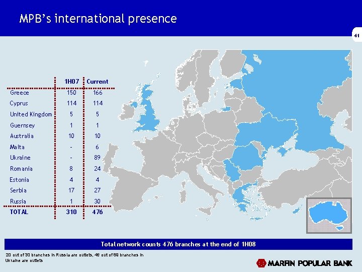 MPB’s international presence 41 1 H 07 Current Greece 150 166 Cyprus 114 United MPB’s international presence 41 1 H 07 Current Greece 150 166 Cyprus 114 United
