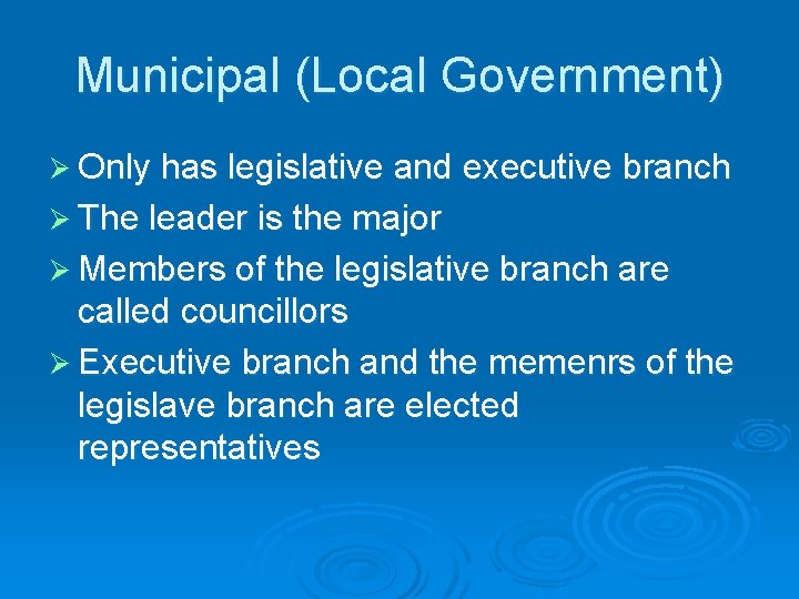 Municipal (Local Government) Ø Only has legislative and executive branch Ø The leader is