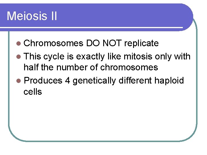 Meiosis II l Chromosomes DO NOT replicate l This cycle is exactly like mitosis