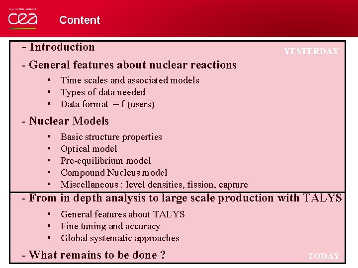Content - Introduction YESTERDAY - General features about nuclear reactions • Time scales and