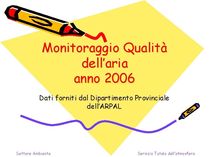 Monitoraggio Qualità dell’aria anno 2006 Dati forniti dal Dipartimento Provinciale dell’ARPAL Settore Ambiente Servizio