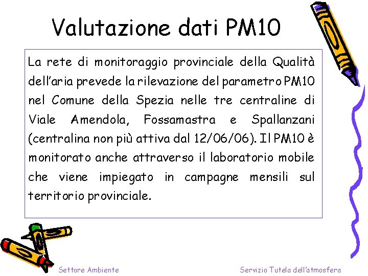 Valutazione dati PM 10 La rete di monitoraggio provinciale della Qualità dell’aria prevede la