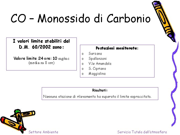 CO – Monossido di Carbonio I valori limite stabiliti dal D. M. 60/2002 sono:
