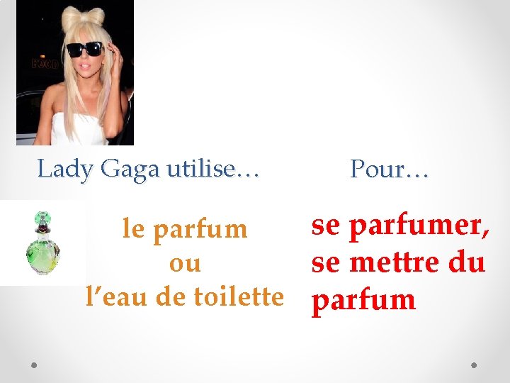 Lady Gaga utilise… Pour… se parfumer, le parfum se mettre du ou l’eau de