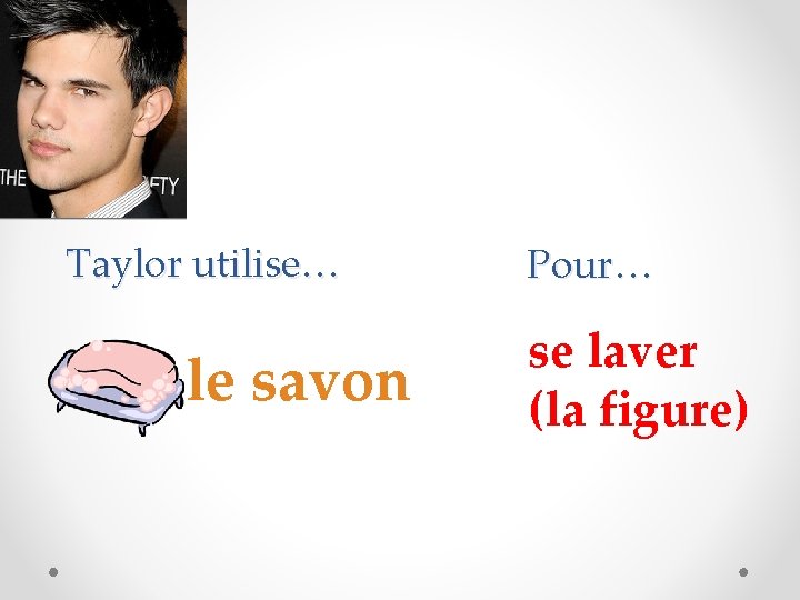 Taylor utilise… le savon Pour… se laver (la figure) 