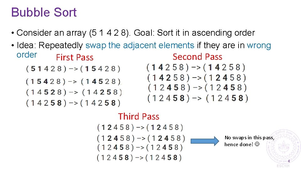 Bubble Sort • Consider an array (5 1 4 2 8). Goal: Sort it