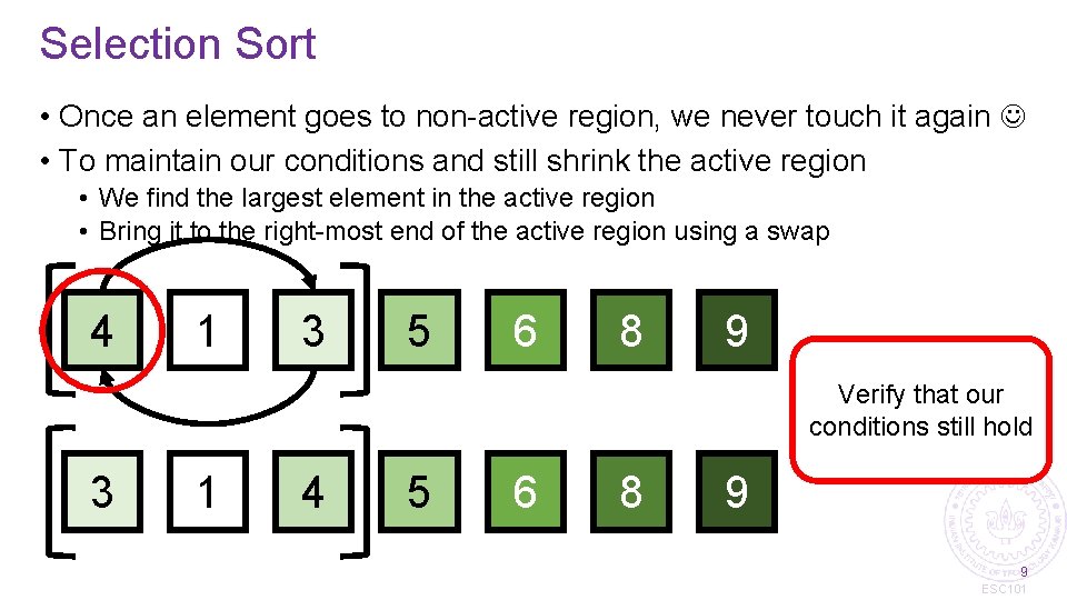 Selection Sort • Once an element goes to non-active region, we never touch it