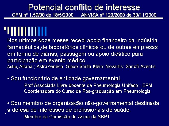 Potencial conflito de interesse CFM nº 1. 59/00 de 18/5/2000 ANVISA nº 120/2000 de