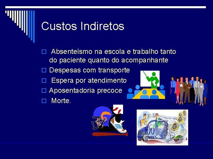 Custos Indiretos o Absenteísmo na escola e trabalho tanto o o do paciente quanto