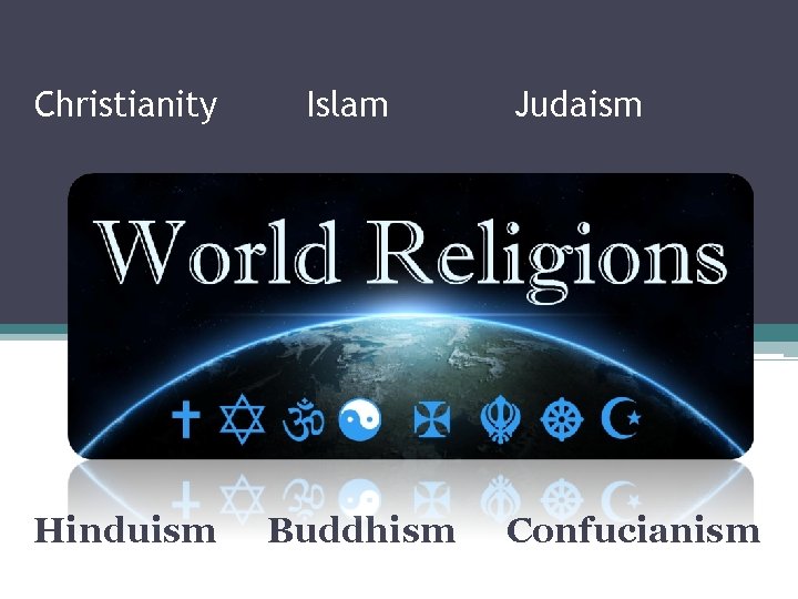 Christianity Hinduism Islam Buddhism Judaism Confucianism 