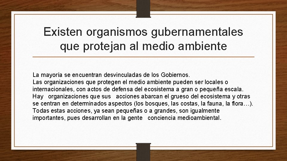 Existen organismos gubernamentales que protejan al medio ambiente La mayoría se encuentran desvinculadas de