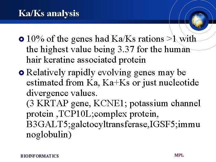Ka/Ks analysis £ 10% of the genes had Ka/Ks rations >1 with the highest