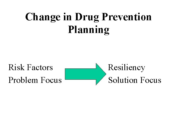 Change in Drug Prevention Planning Risk Factors Problem Focus Resiliency Solution Focus 