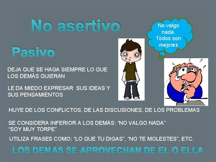 No asertivo Pasivo No valgo nada. Todos son mejores DEJA QUE SE HAGA SIEMPRE