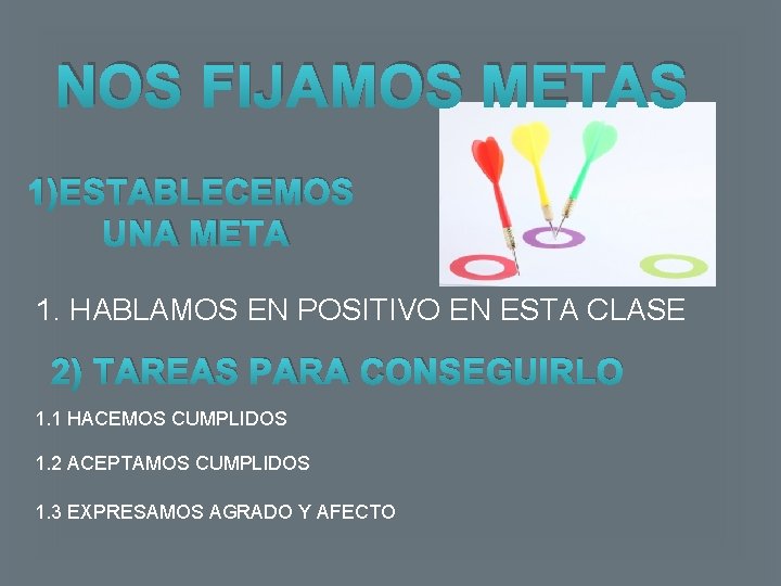 NOS FIJAMOS METAS 1)ESTABLECEMOS UNA META 1. HABLAMOS EN POSITIVO EN ESTA CLASE 2)