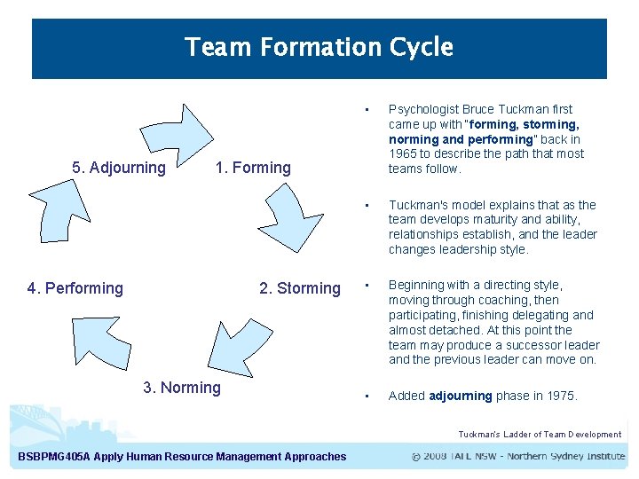 Team Formation Cycle 5. Adjourning • Psychologist Bruce Tuckman first came up with “forming,