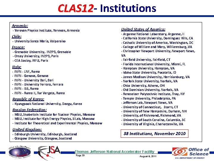 CLAS 12 Institutions Armenia: - Yerevan Physics Institute, Yerevan, Armenia Chile: - University Santa