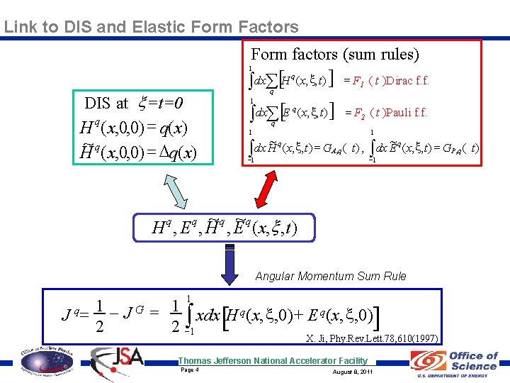 Link to DIS and Elastic Form Factors Form factors (sum rules) 1 [ q