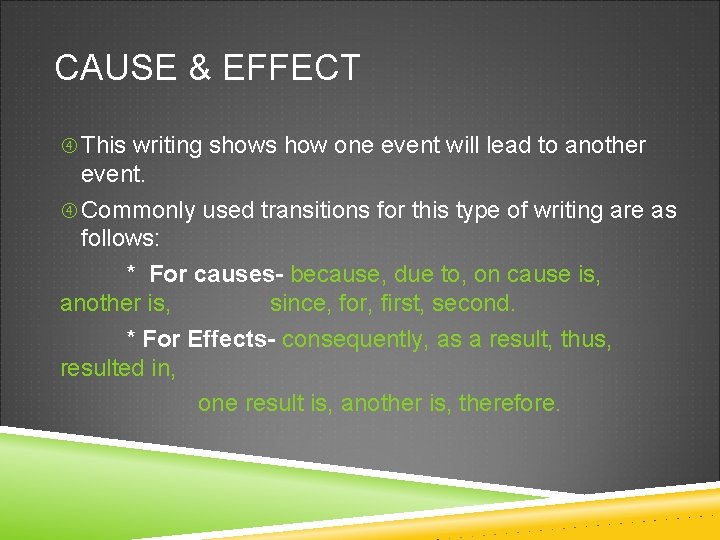 CAUSE & EFFECT This writing shows how one event will lead to another event.