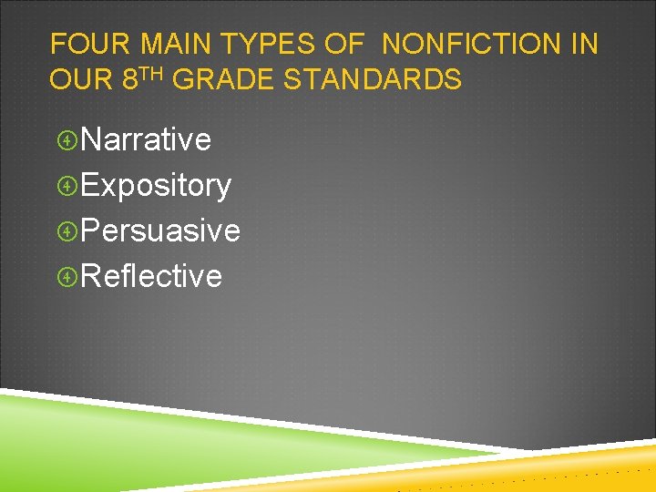 FOUR MAIN TYPES OF NONFICTION IN OUR 8 TH GRADE STANDARDS Narrative Expository Persuasive