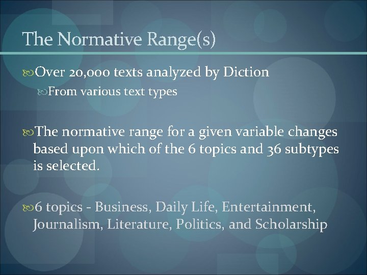 The Normative Range(s) Over 20, 000 texts analyzed by Diction From various text types