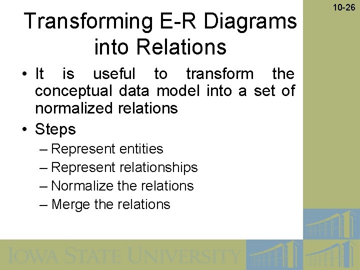 Transforming E-R Diagrams into Relations • It is useful to transform the conceptual data