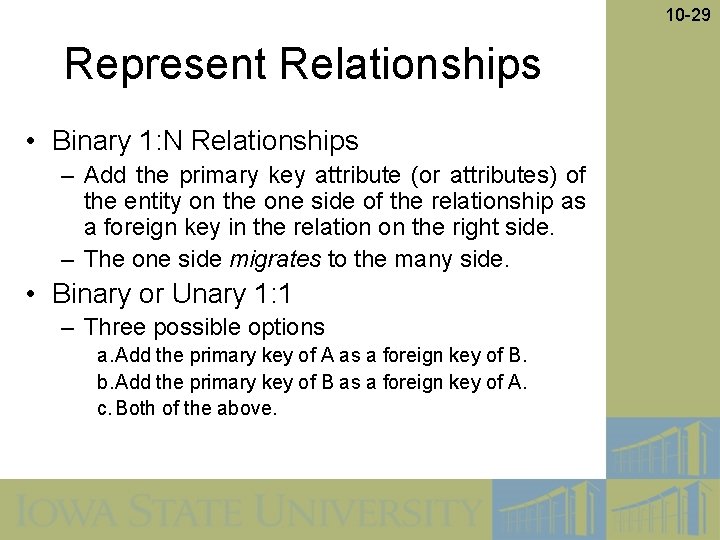 10 -29 Represent Relationships • Binary 1: N Relationships – Add the primary key