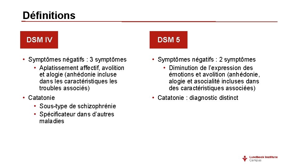 Définitions DSM IV DSM 5 • Symptômes négatifs : 3 symptômes • Aplatissement affectif, Définitions DSM IV DSM 5 • Symptômes négatifs : 3 symptômes • Aplatissement affectif,