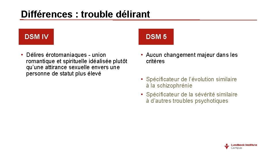 Différences : trouble délirant DSM IV • Délires érotomaniaques - union romantique et spirituelle Différences : trouble délirant DSM IV • Délires érotomaniaques - union romantique et spirituelle