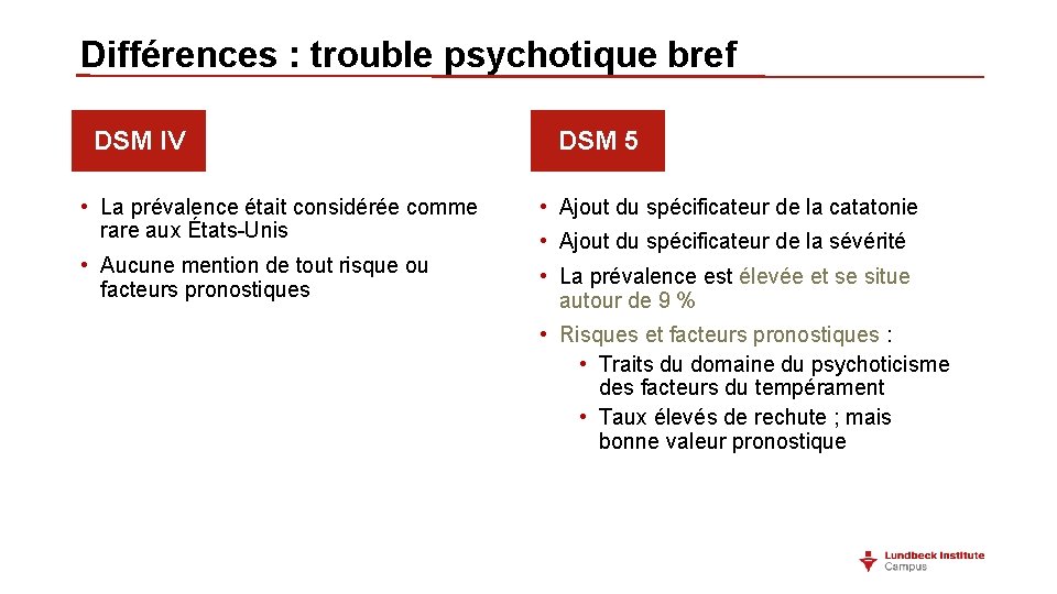 Différences : trouble psychotique bref DSM IV DSM 5 • La prévalence était considérée Différences : trouble psychotique bref DSM IV DSM 5 • La prévalence était considérée