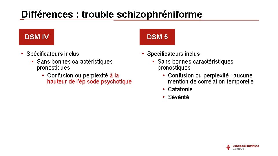 Différences : trouble schizophréniforme DSM IV • Spécificateurs inclus • Sans bonnes caractéristiques pronostiques Différences : trouble schizophréniforme DSM IV • Spécificateurs inclus • Sans bonnes caractéristiques pronostiques