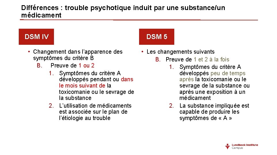 Différences : trouble psychotique induit par une substance/un médicament DSM IV • Changement dans Différences : trouble psychotique induit par une substance/un médicament DSM IV • Changement dans