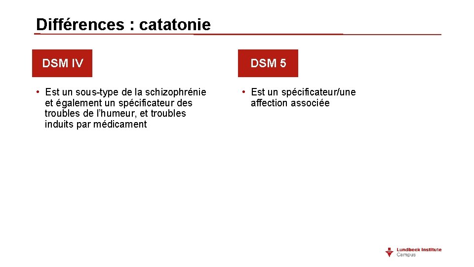 Différences : catatonie DSM IV • Est un sous-type de la schizophrénie et également Différences : catatonie DSM IV • Est un sous-type de la schizophrénie et également